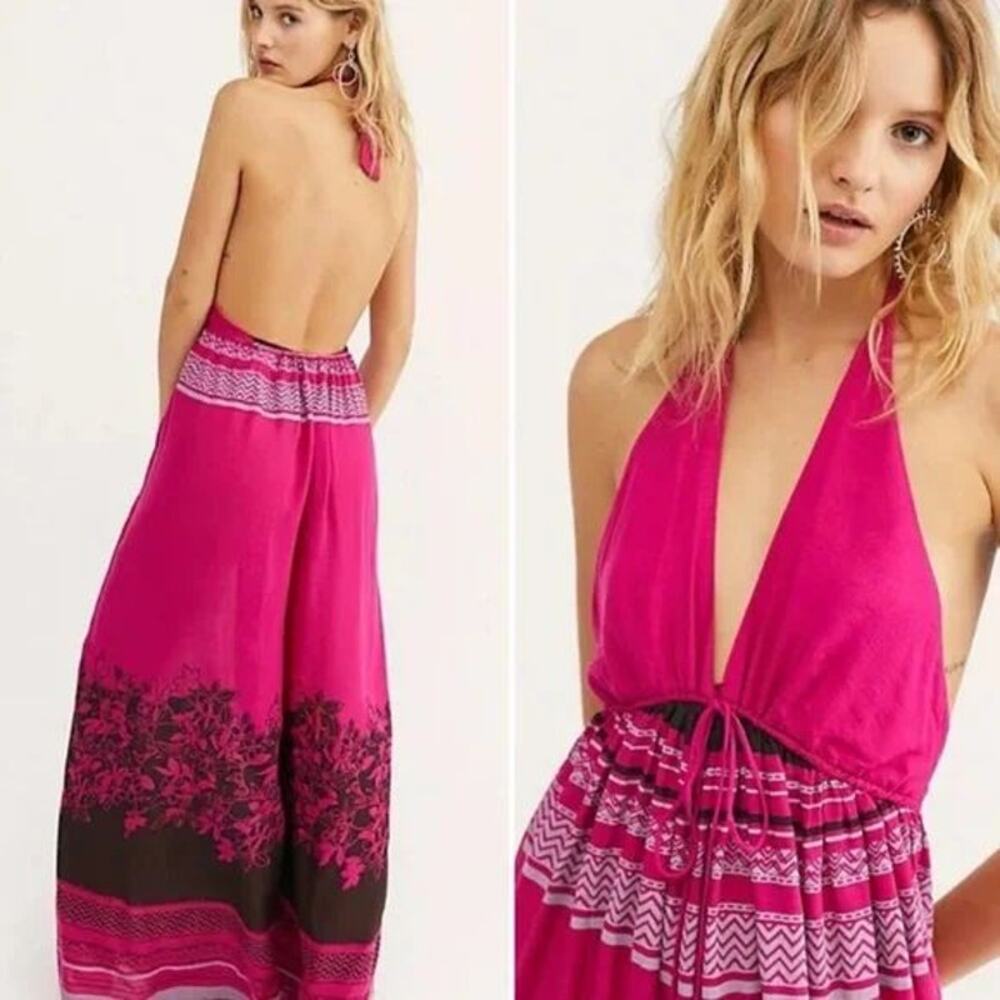 Free People Palm Beach Flowing Lightweight Halter Open Back One Piece Jumpsuit